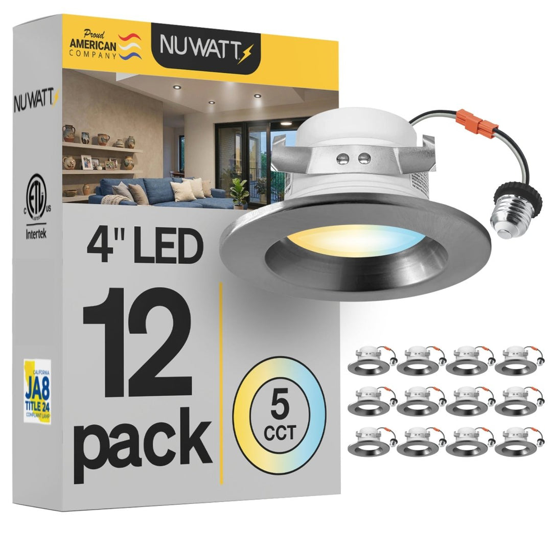 4" Inch Brushed Nickel Retrofit LED Recessed Can Lights - Wet Rated - 5CCT 2700K-5000K - 680LM