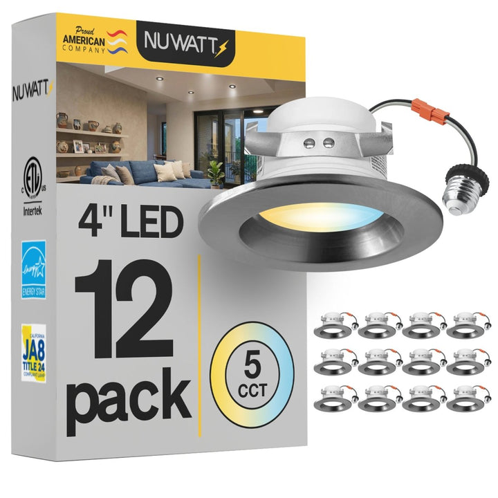 4" Inch Brushed Nickel Retrofit LED Recessed Can Lights - Wet Rated - 5CCT 2700K-5000K - 680LM