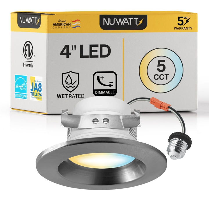4" Inch Brushed Nickel Retrofit LED Recessed Can Lights - Wet Rated - 5CCT 2700K-5000K - 680LM