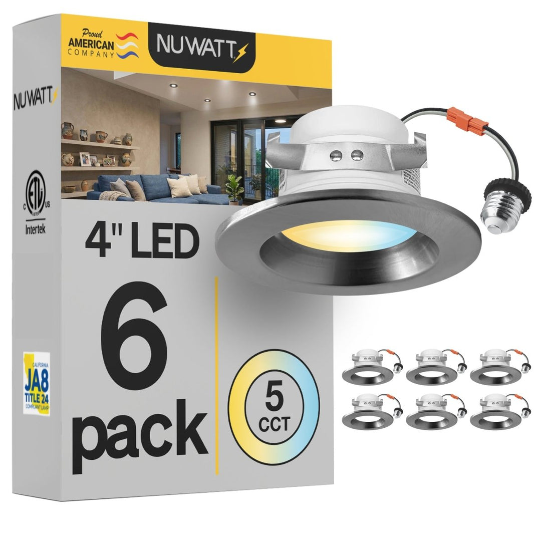 4" Inch Brushed Nickel Retrofit LED Recessed Can Lights - Wet Rated - 5CCT 2700K-5000K - 680LM