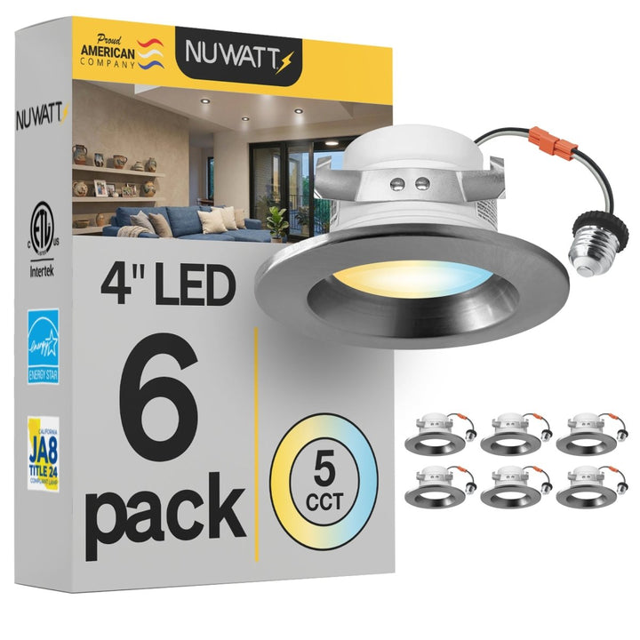 4" Inch Brushed Nickel Retrofit LED Recessed Can Lights - Wet Rated - 5CCT 2700K-5000K - 680LM
