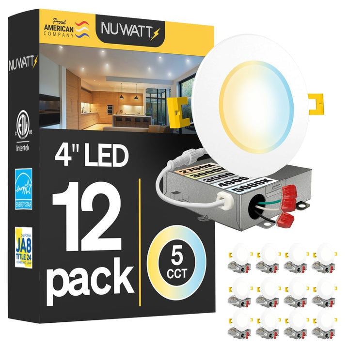4" Inch Canless Recessed Lighting Slim LED Wafer Lights - Wet Rated - 5CCT 2700K-5000K - 630LM