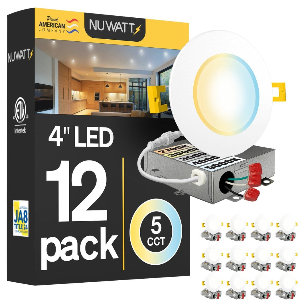 4" Inch Canless Recessed Lighting Slim LED Wafer Lights with Emergency Battery Back Up - Wet Rated - 5CCT 2700K-5000K - 630LM