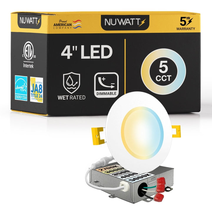 4" Inch Canless Recessed Lighting Slim LED Wafer Lights - Wet Rated - 5CCT 2700K-5000K - 630LM
