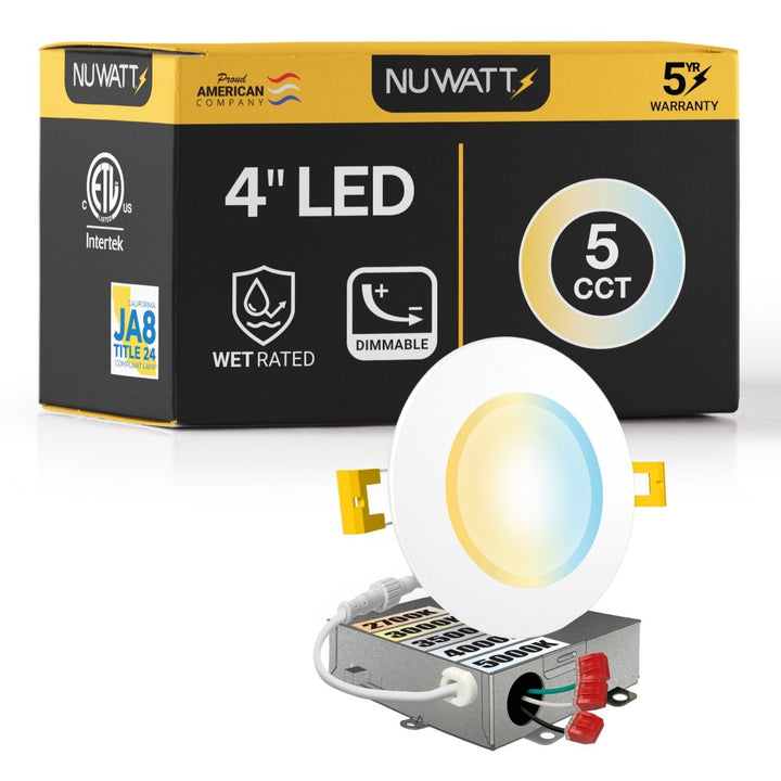 4" Inch Canless Recessed Lighting Slim LED Wafer Lights with Emergency Battery Back Up - Wet Rated - 5CCT 2700K-5000K - 630LM