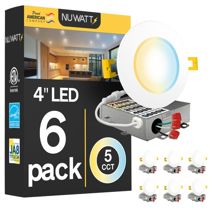 4" Inch Canless Recessed Lighting Slim LED Wafer Lights - Wet Rated - 5CCT 2700K-5000K - 630LM