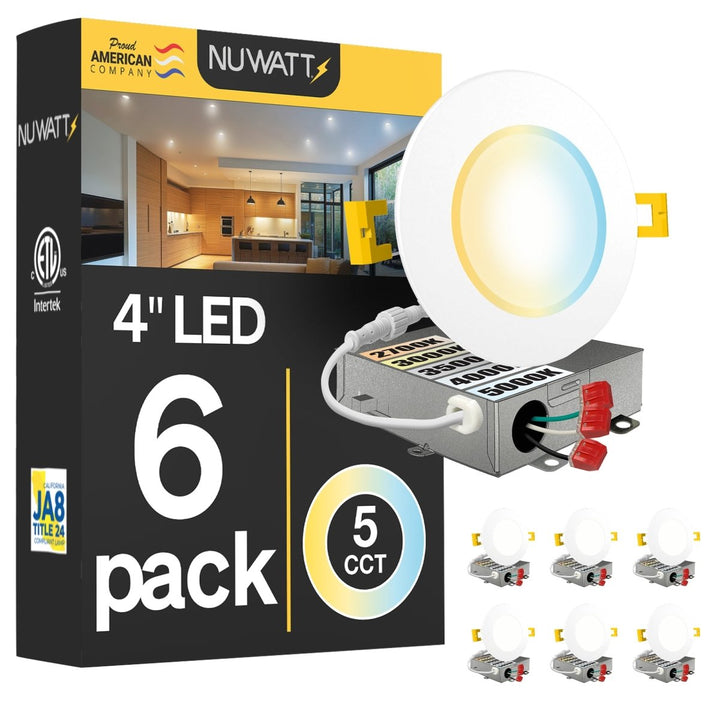 4" Inch Canless Recessed Lighting Slim LED Wafer Lights with Emergency Battery Back Up - Wet Rated - 5CCT 2700K-5000K - 630LM