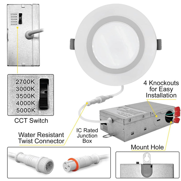 4" Inch Canless Regressed LED Recessed Lighting - Wet Rated - 5CCT 2700K-5000K - 750LM