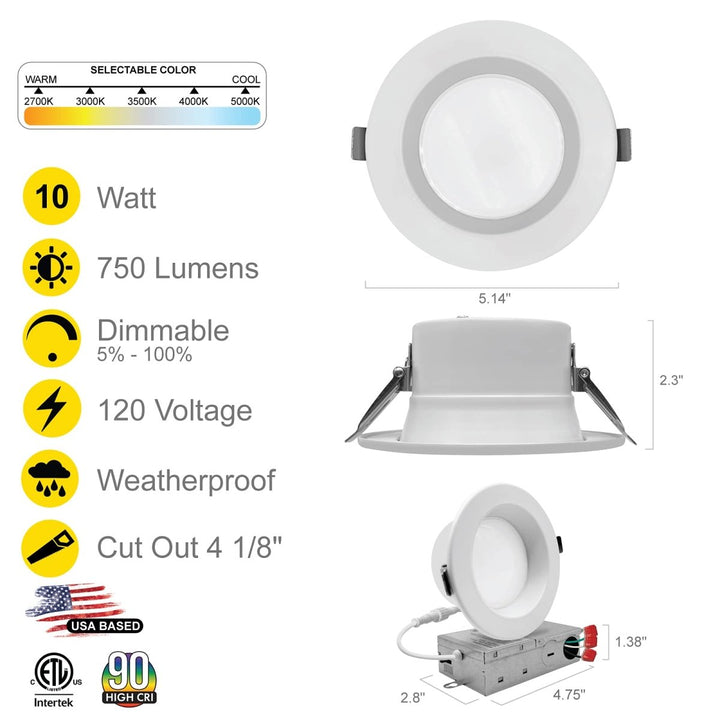 4" Inch Canless Regressed LED Recessed Lighting - Wet Rated - 5CCT 2700K-5000K - 750LM