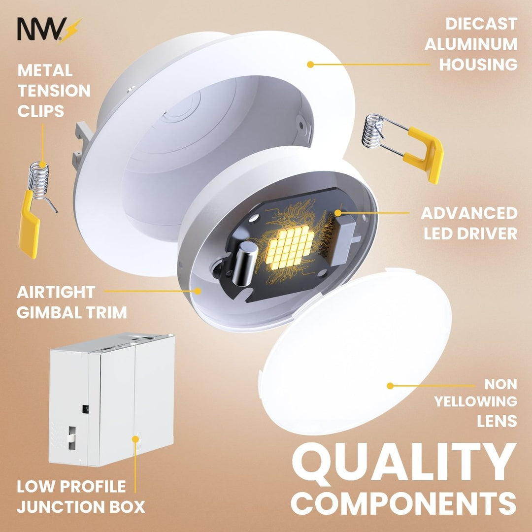 4" Inch Gimbal Recessed Light for Sloped Ceiling Canless LED Lighting - Damp Rated - 5CCT 2700K-5000K - 630LM