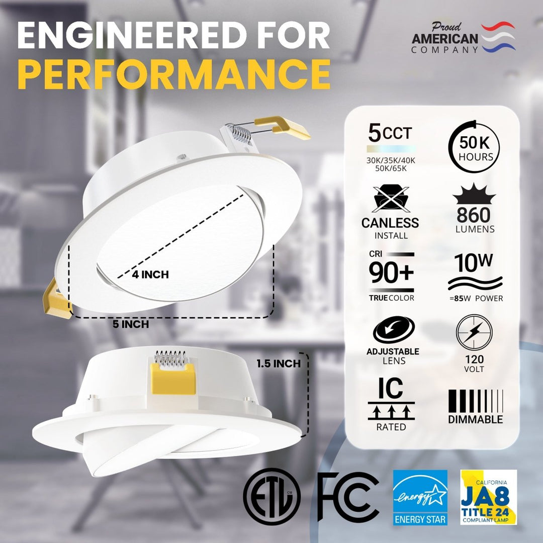 4" Inch Gimbal Recessed Light for Sloped Ceiling Canless LED Lighting - Damp Rated - 5CCT 2700K-5000K - 630LM