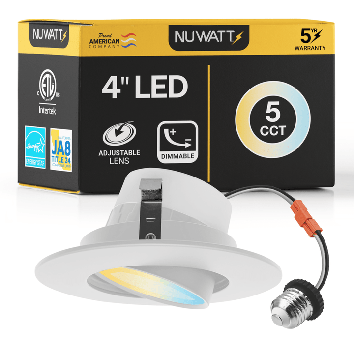 4 Inch LED Gimbal Recessed Lighting for Sloped Ceilings - 5CCT 2700-5000K - 750LM - CRI 90 Adjustable Can Lights - 10W - Wet Rated - Aluminum Housing