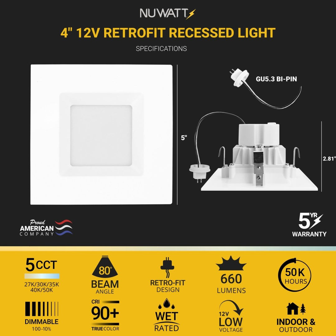 4" Inch Square MR16 LED Retrofit 12v Recessed Downlights - 5CCT 2700K-5000K - 660LM - GU5.3 Base