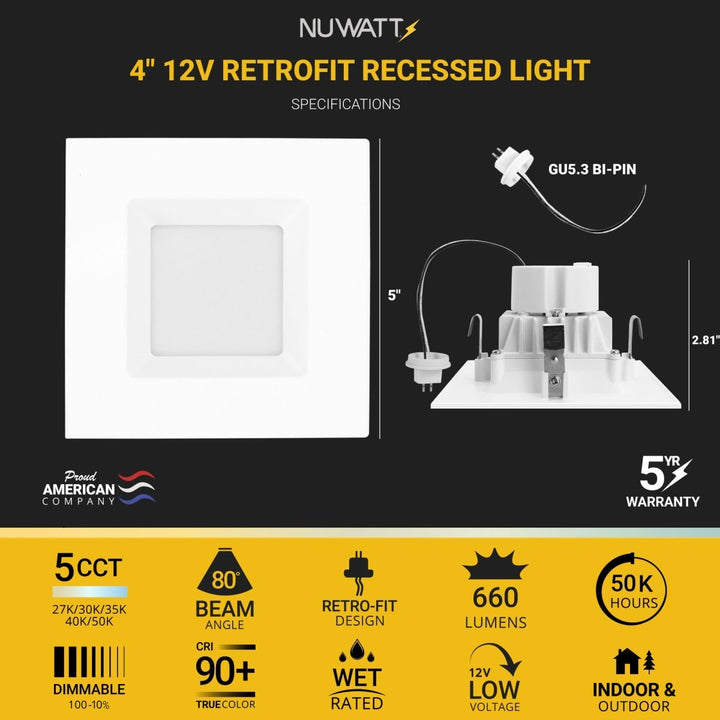 4" Inch Square MR16 LED Retrofit 12v Recessed Downlights - 5CCT 2700K-5000K - 660LM - GU5.3 Base