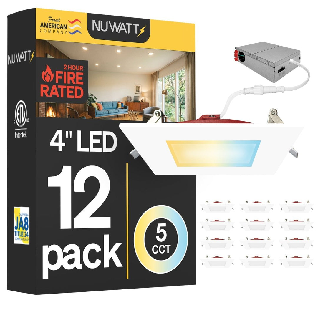 4" Inch Square 2 Hour Fire Rated Recessed Light Slim Canless LED Wafer Lights - Wet Rated - 5CCT 2700K-5000K - 900LM