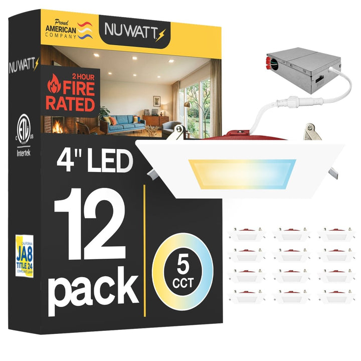 4" Inch Square 2 Hour Fire Rated Recessed Light Slim Canless LED Wafer Lights - Wet Rated - 5CCT 2700K-5000K - 900LM