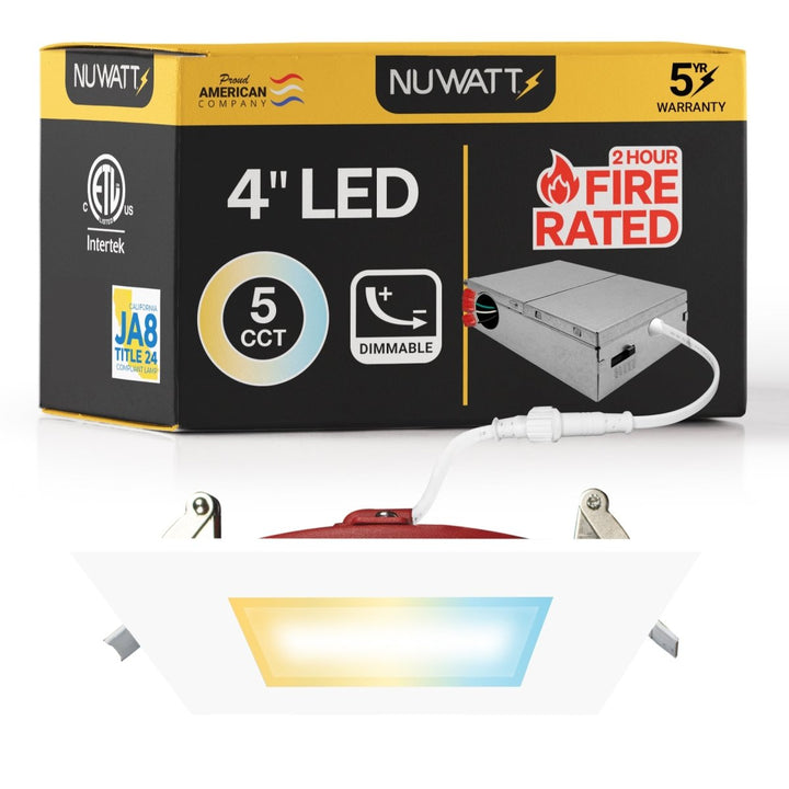 4" Inch Square 2 Hour Fire Rated Recessed Light Slim Canless LED Wafer Lights - Wet Rated - 5CCT 2700K-5000K - 900LM