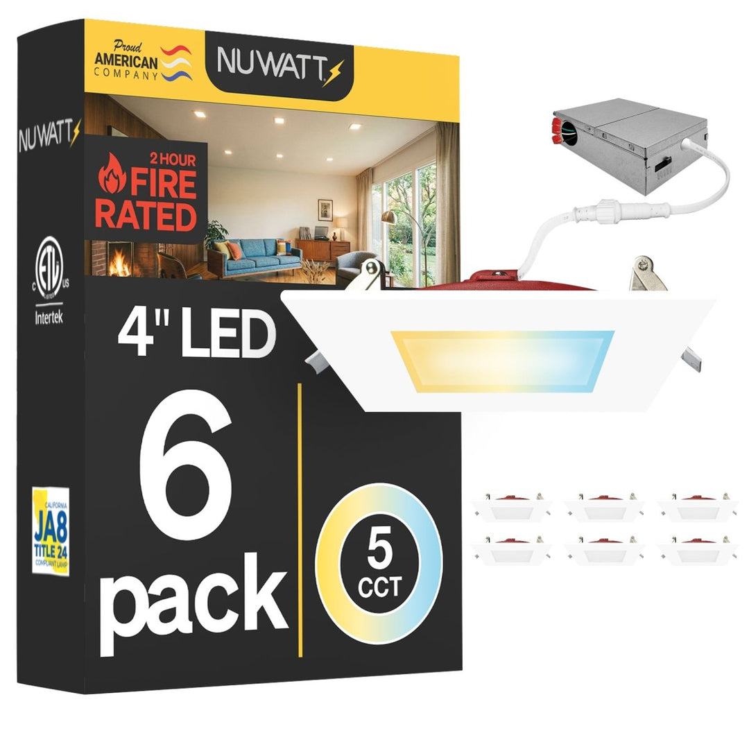 4" Inch Square 2 Hour Fire Rated Recessed Light Slim Canless LED Wafer Lights - Wet Rated - 5CCT 2700K-5000K - 900LM