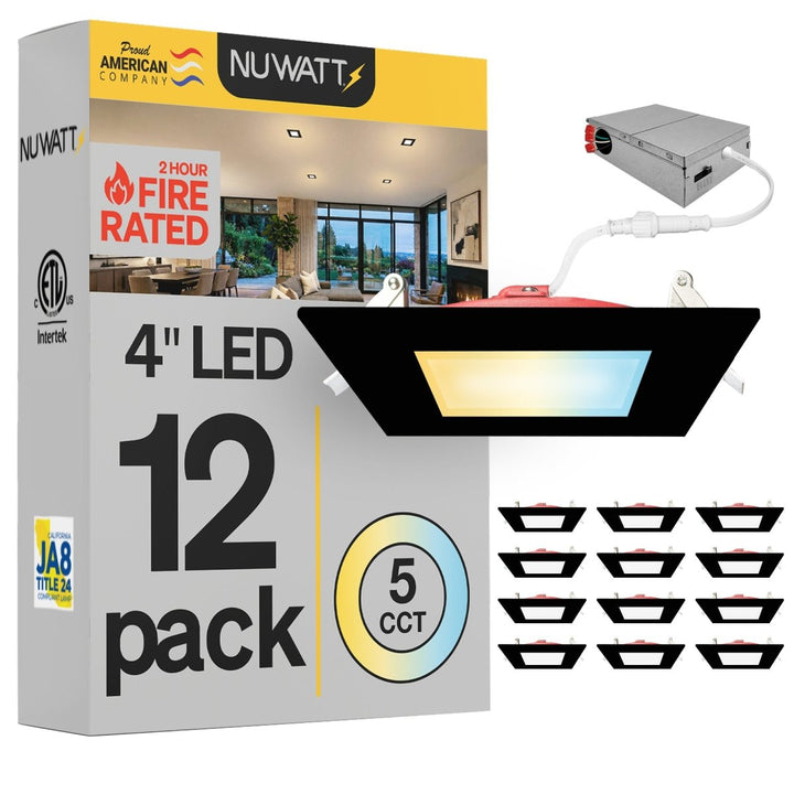 4" Inch Square Black 2 Hour Fire Rated Recessed Light Slim Canless LED Wafer Lights - Wet Rated - 5CCT 2700K-5000K - 900LM