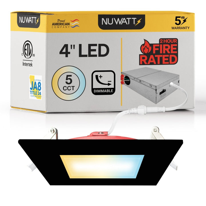 4" Inch Square Black 2 Hour Fire Rated Recessed Light Slim Canless LED Wafer Lights - Wet Rated - 5CCT 2700K-5000K - 900LM