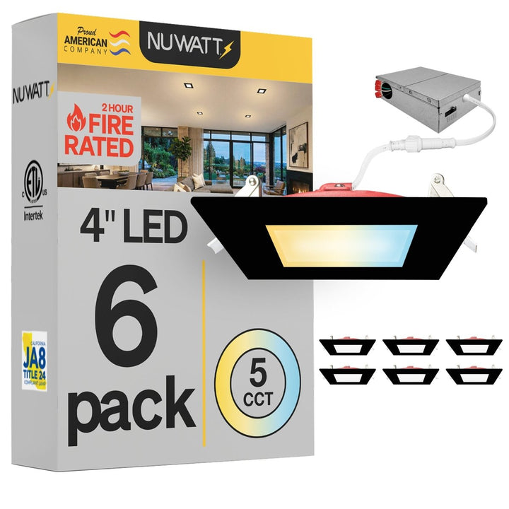 4" Inch Square Black 2 Hour Fire Rated Recessed Light Slim Canless LED Wafer Lights - Wet Rated - 5CCT 2700K-5000K - 900LM