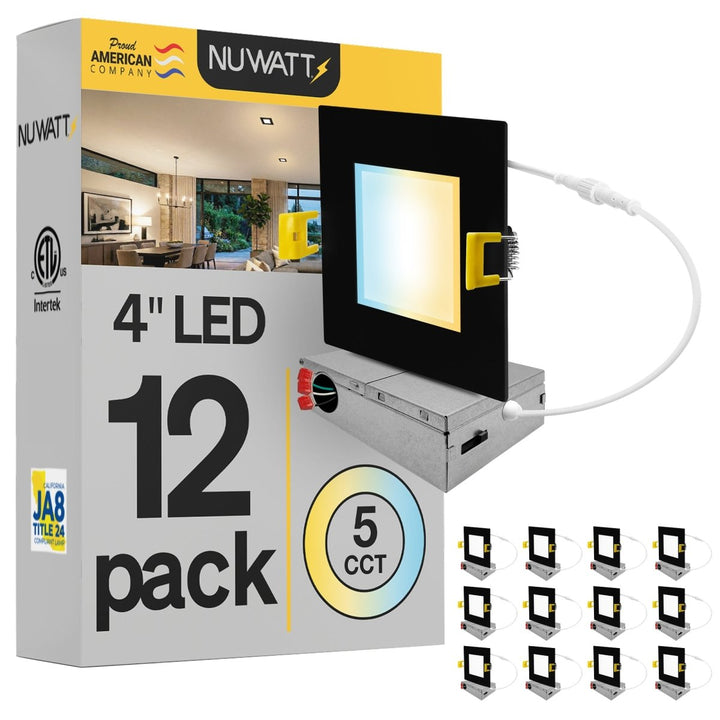 4" Inch Square Black Canless Recessed Lighting Slim LED Wafer Lights - Wet Rated - 5CCT 2700K-5000K - 630LM
