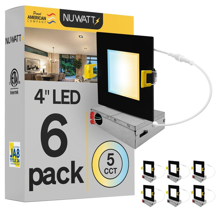 4" Inch Square Black Canless Recessed Lighting Slim LED Wafer Lights - Wet Rated - 5CCT 2700K-5000K - 630LM