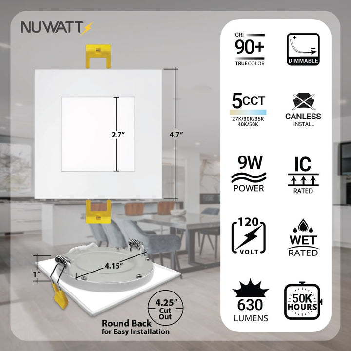 4" Inch Square Canless Recessed Lighting Slim LED Wafer Lights - Wet Rated - 5CCT 2700K-5000K - 630LM