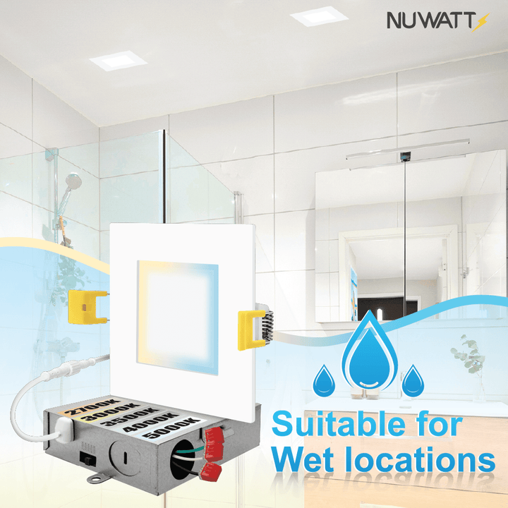 4" Inch Square Canless Recessed Lighting Slim LED Wafer Lights - Wet Rated - 5CCT 2700K-5000K - 630LM