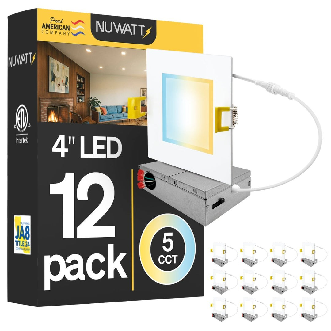 4" Inch Square Canless Recessed Lighting Slim LED Wafer Lights - Wet Rated - 5CCT 2700K-5000K - 630LM