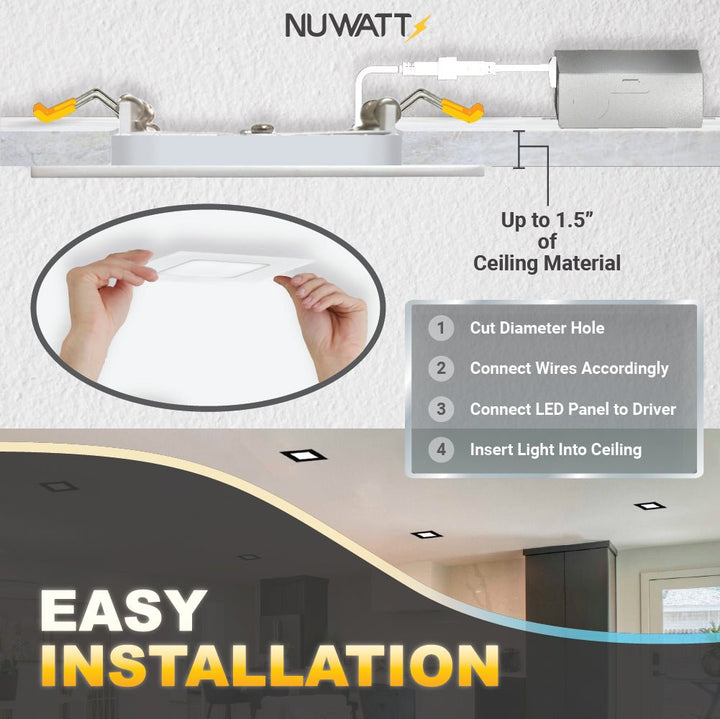 4" Inch Square Canless Recessed Lighting Slim LED Wafer Lights - Wet Rated - 5CCT 2700K-5000K - 630LM