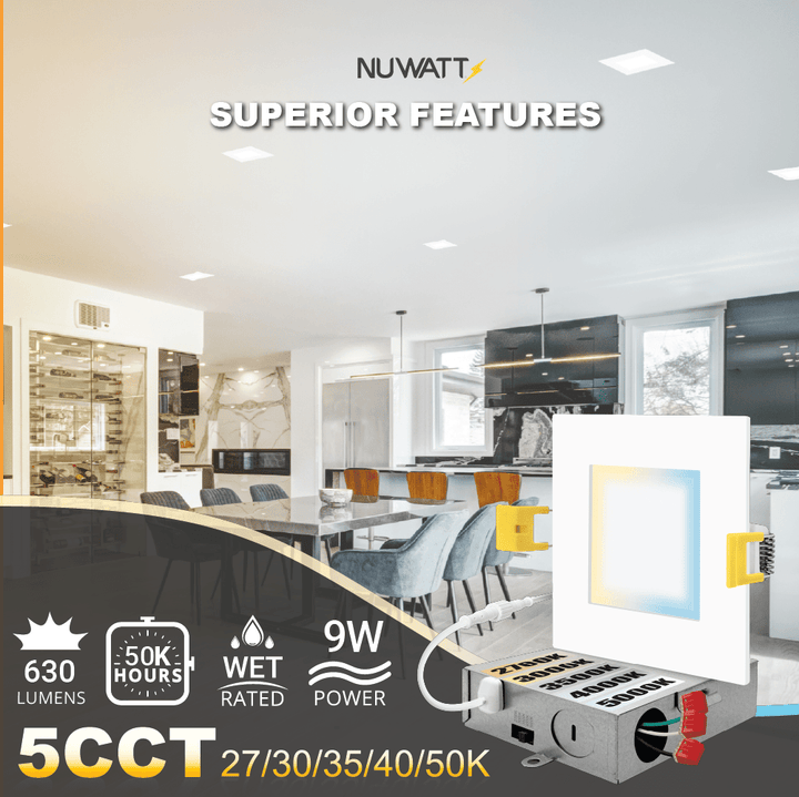 4" Inch Square Canless Recessed Lighting Slim LED Wafer Lights - Wet Rated - 5CCT 2700K-5000K - 630LM