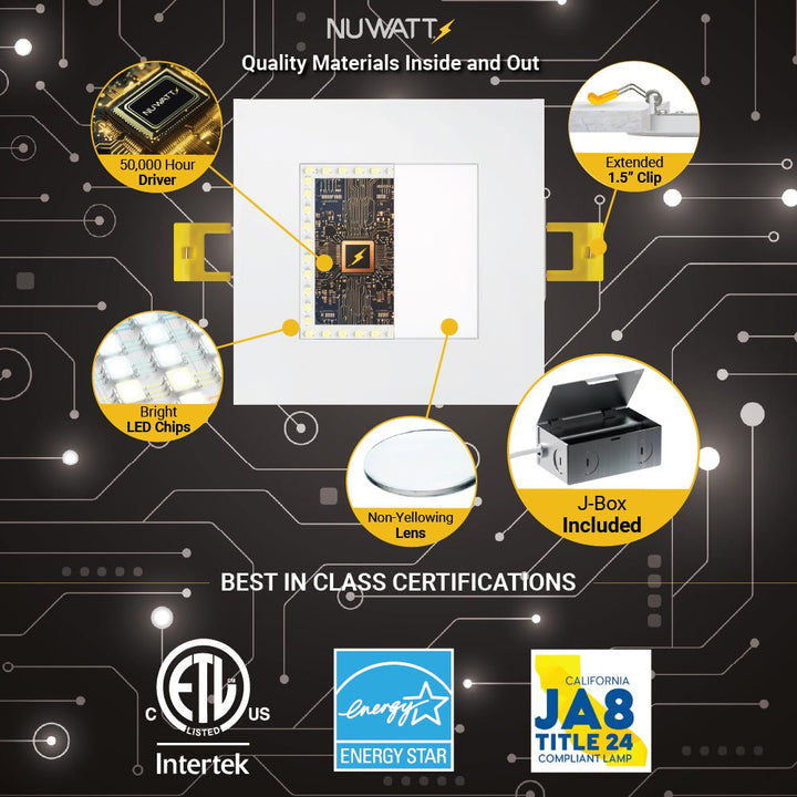 4" Inch Square Canless Recessed Lighting Slim LED Wafer Lights - Wet Rated - 5CCT 2700K-5000K - 630LM