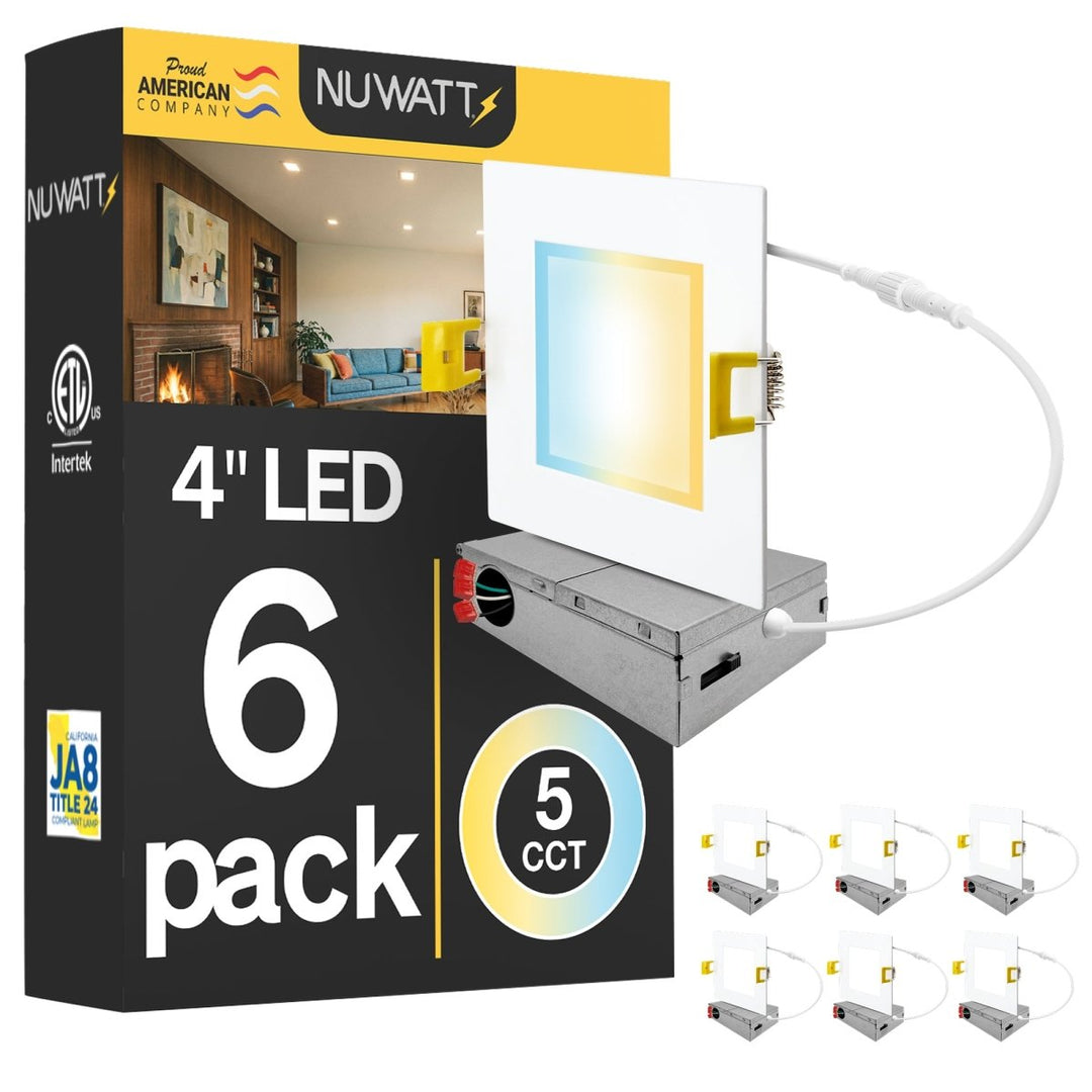4" Inch Square Canless Recessed Lighting Slim LED Wafer Lights - Wet Rated - 5CCT 2700K-5000K - 630LM