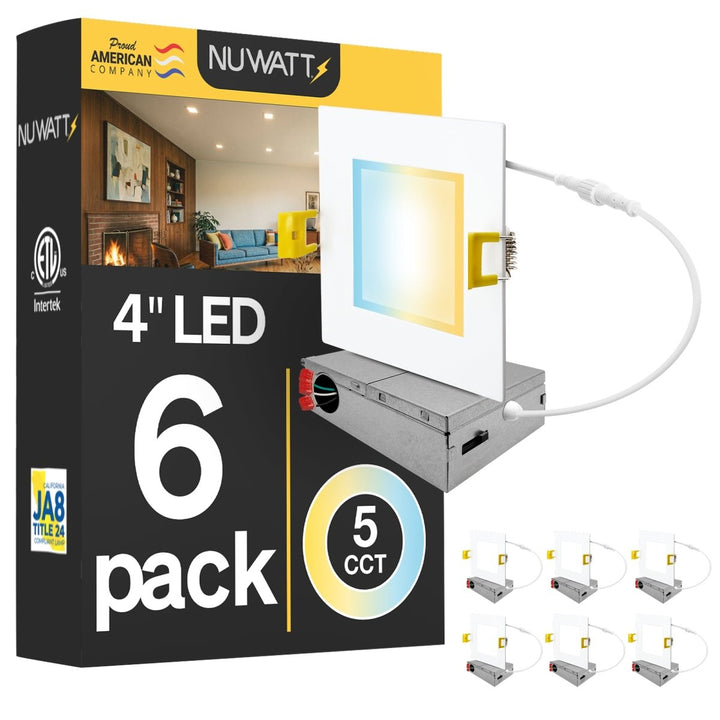 4" Inch Square Canless Recessed Lighting Slim LED Wafer Lights - Wet Rated - 5CCT 2700K-5000K - 630LM