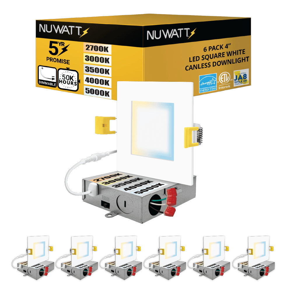 4" Inch Square Canless Recessed Lighting Slim LED Wafer Lights - Wet Rated - 5CCT 2700K-5000K - 630LM