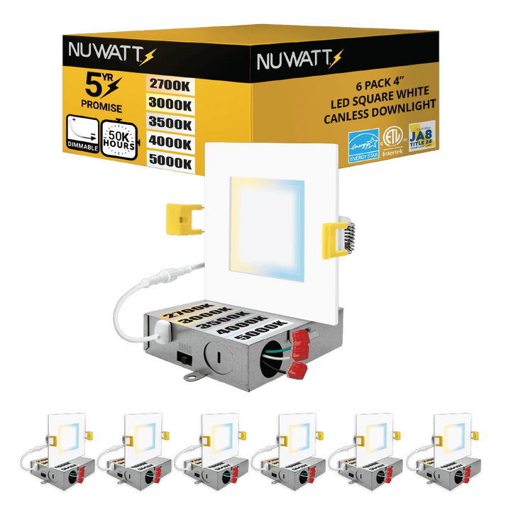 4" Inch Square Canless Recessed Lighting Slim LED Wafer Lights - Wet Rated - 5CCT 2700K-5000K - 630LM