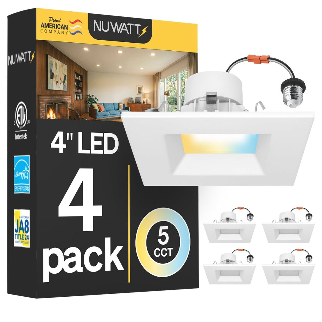 4" Inch Square Recessed Lighting Retrofit Can Lights - Wet Rated - 5CCT 2700K-5000K - 750LM