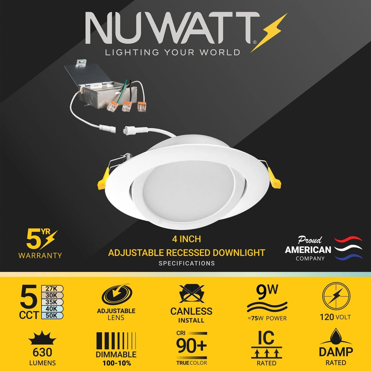 4 Inch Gimbal Recessed Light for Sloped Ceiling Canless LED Lighting Damp Rated 5CCT 2700K 5000K 630LM
