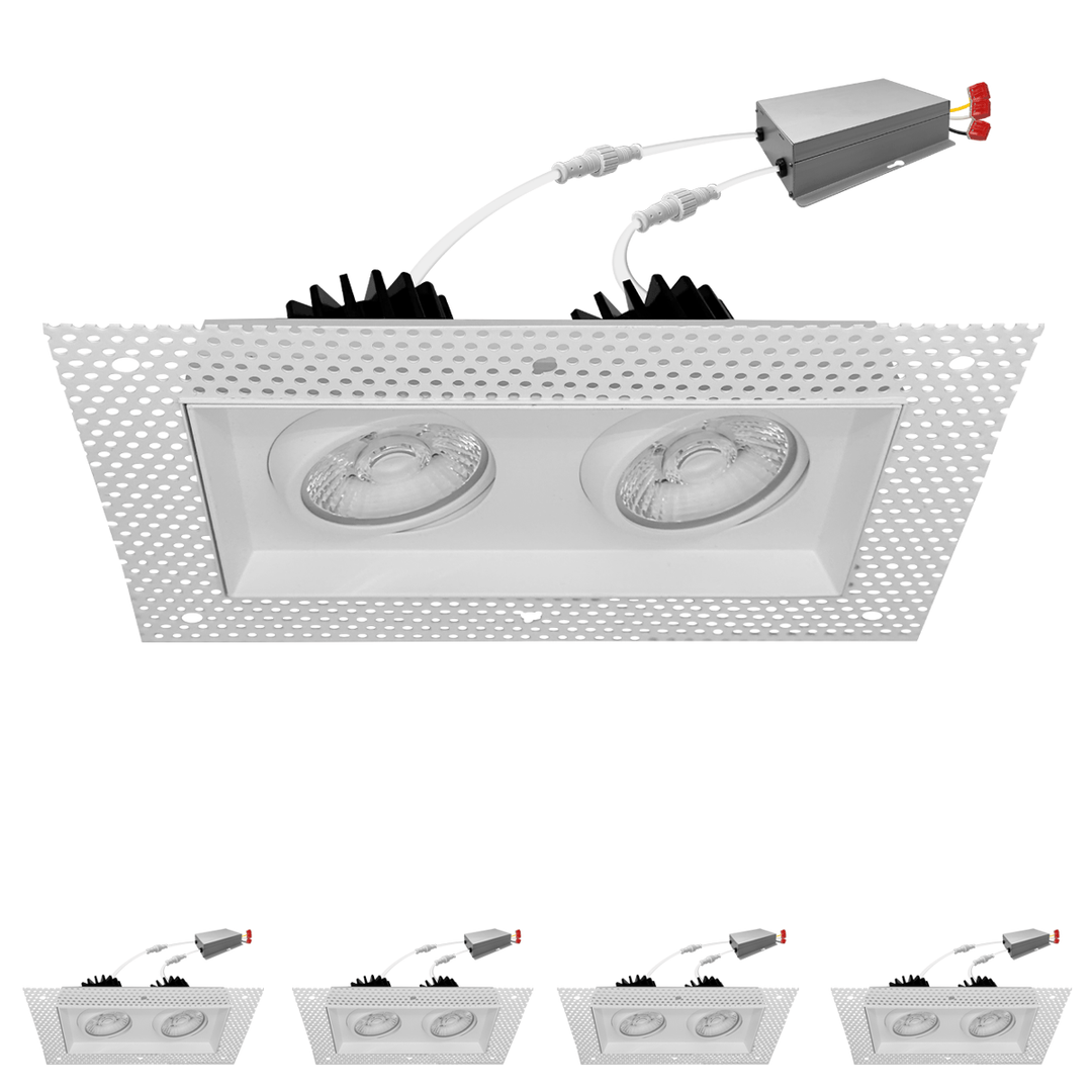 4 Inch White Square Gimbal Double Head Trimless LED Recessed Lighting - 30W - 2,000 Lumens - 120V - Wet Rated