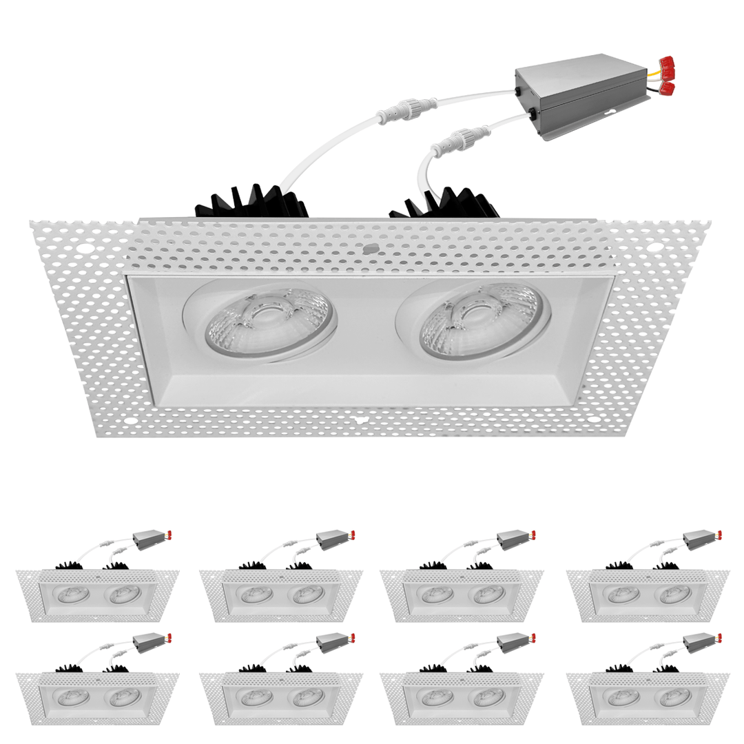 4 Inch White Square Gimbal Double Head Trimless LED Recessed Lighting - 30W - 2,000 Lumens - 120V - Wet Rated