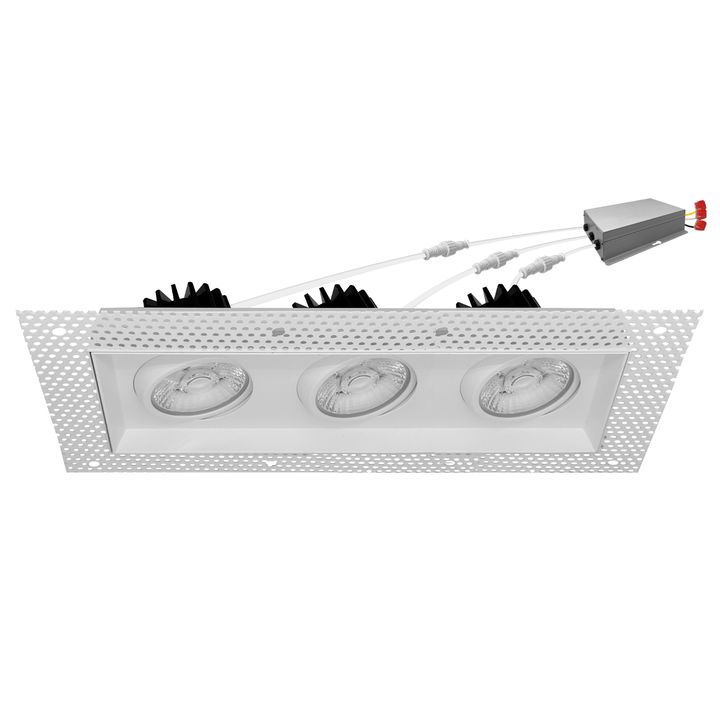 4 Inch White Square Gimbal Triple Head Trimless LED Recessed Lighting - 45W - 3,000 Lumens - 120V - Wet Rated