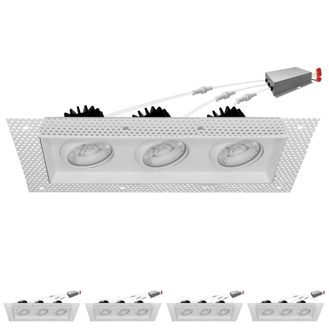 4 Inch White Square Gimbal Triple Head Trimless LED Recessed Lighting - 45W - 3,000 Lumens - 120V - Wet Rated