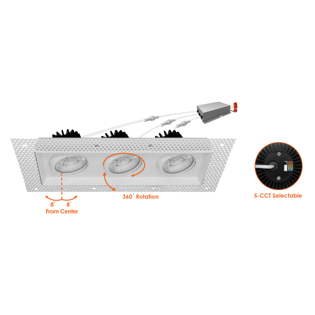 4 Inch White Square Gimbal Triple Head Trimless LED Recessed Lighting - 45W - 3,000 Lumens - 120V - Wet Rated
