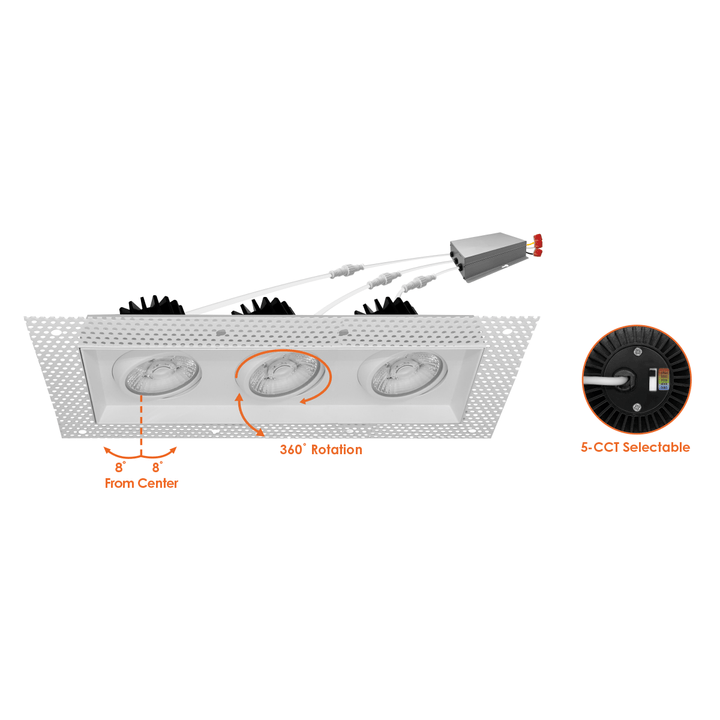 4 Inch White Square Gimbal Triple Head Trimless LED Recessed Lighting - 45W - 3,000 Lumens - 120V - Wet Rated