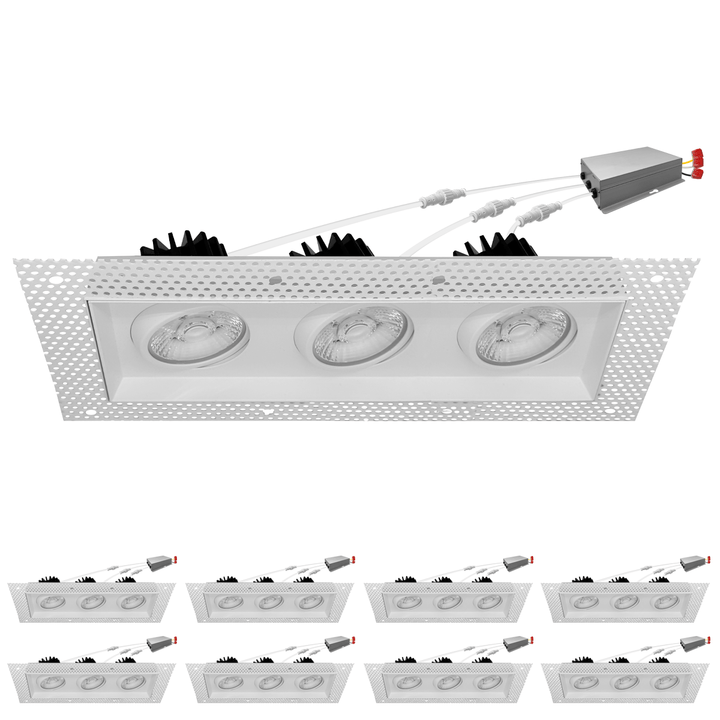 4 Inch White Square Gimbal Triple Head Trimless LED Recessed Lighting - 45W - 3,000 Lumens - 120V - Wet Rated