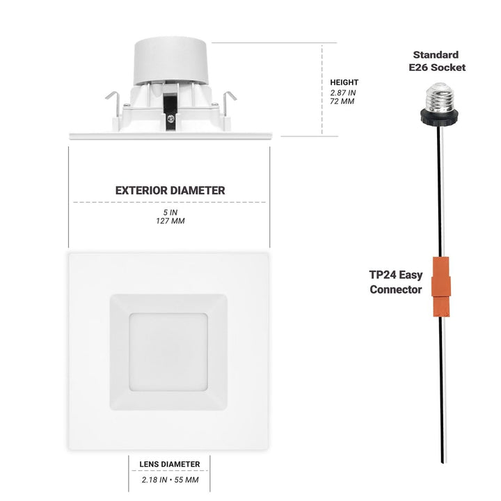 4" Inch Square Recessed Lighting Retrofit Can Lights - Wet Rated - 5CCT 2700K-5000K - 750LM