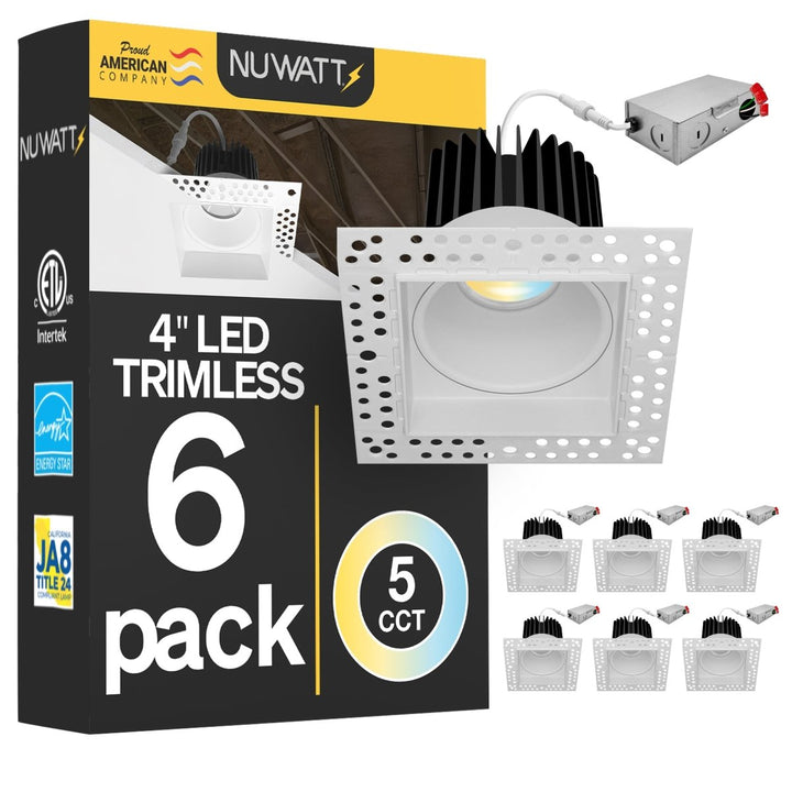 4 Inch White Square Trimless Recessed Lighting - 15W - 1,000 Lumens - 120V