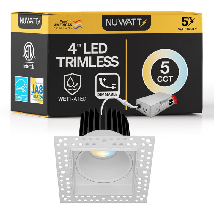 4 Inch White Square Trimless Recessed Lighting - 15W - 1,000 Lumens - 120V