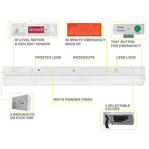 NUWATT 4 FT LED Linear Shop Light - Emergency Battery Back Up & Bi-Level Motion Sensor Installed - Wattage Selectable 40W/30W/20W - 5200 Lumens - 120-277V - 3 CCT 3000K, 4000K, 5000K (4 Pack) | | Nuwatt Lighting